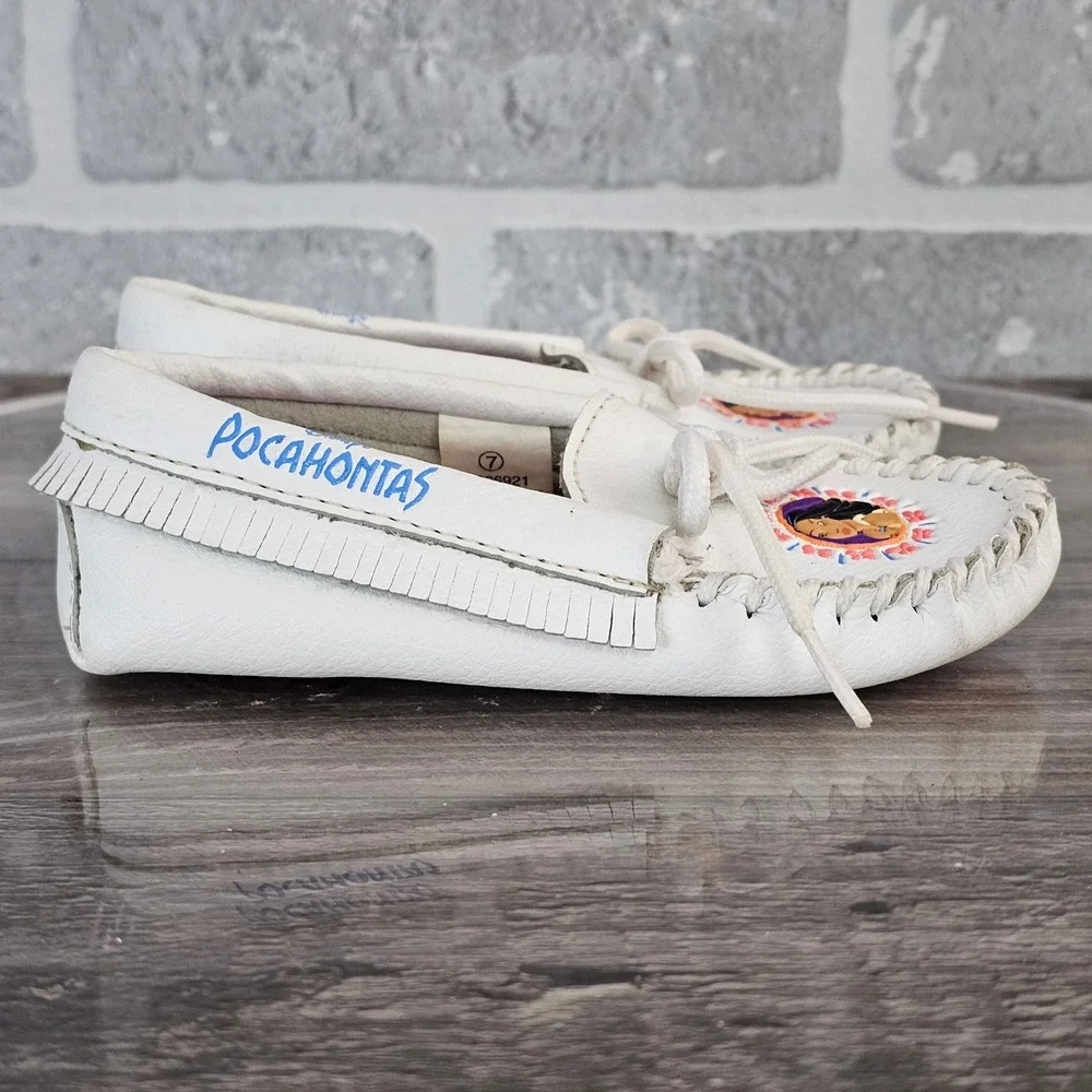 Vintage Disney Pocahontas Moccasins White‎ Leather Fringe Shoes Toddler Girls  7